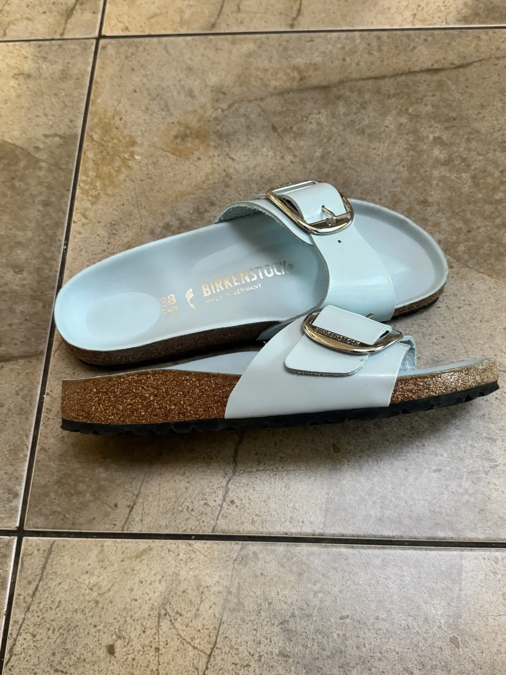 Birkenstock Women’s Madrid Slide Sandal in Pale Blue with Gold Buckles